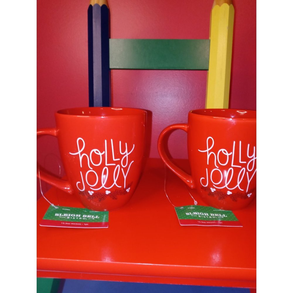 Holly Jolly Red Christmas Mugs. Hot Coco/Coffee mug, From Hobby Lobby, NWT,